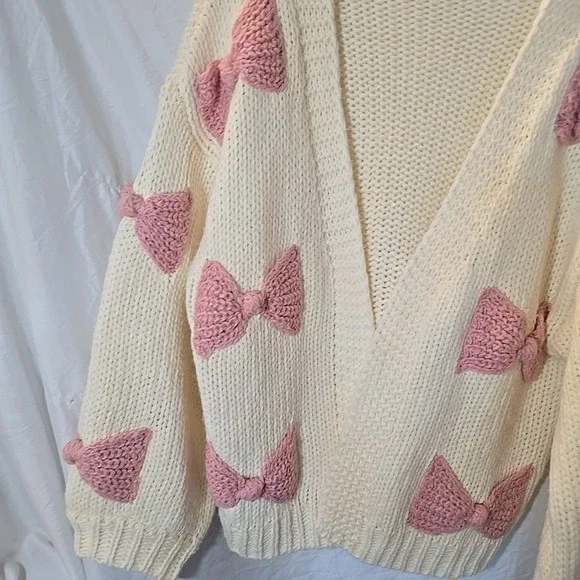 Arula Pink‎ 3D Bow Cream Open Cardigan Chunky-knit Boho Cottagecore Size X (XL) - Picture 2 of 13